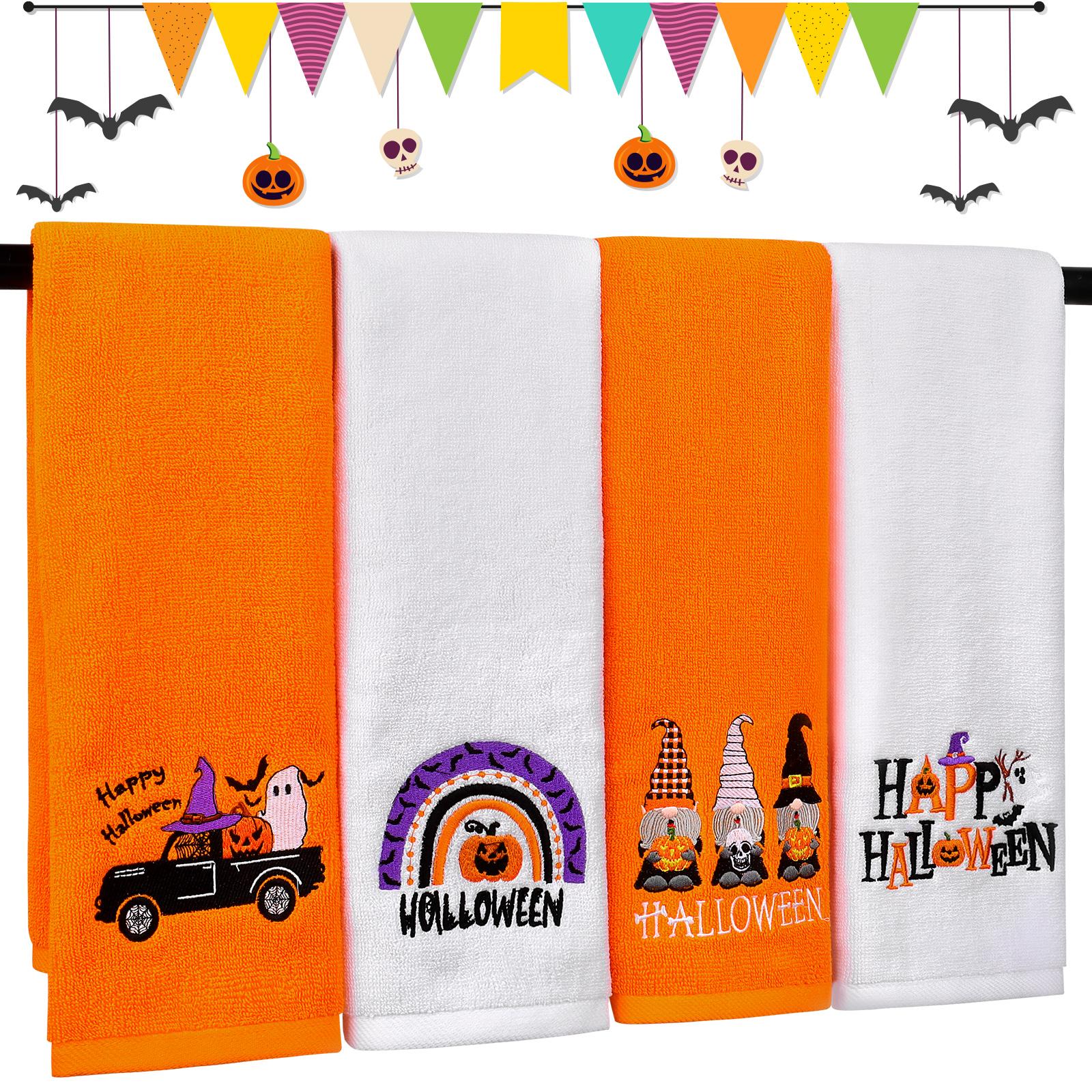 

4Pcs Halloween Kitchen Towels 13.8 X 29.5 Orange Ghost Pumpkins Bats Truck Spooky Halloween Hand Towels Dish Towels Embroidere бежевий