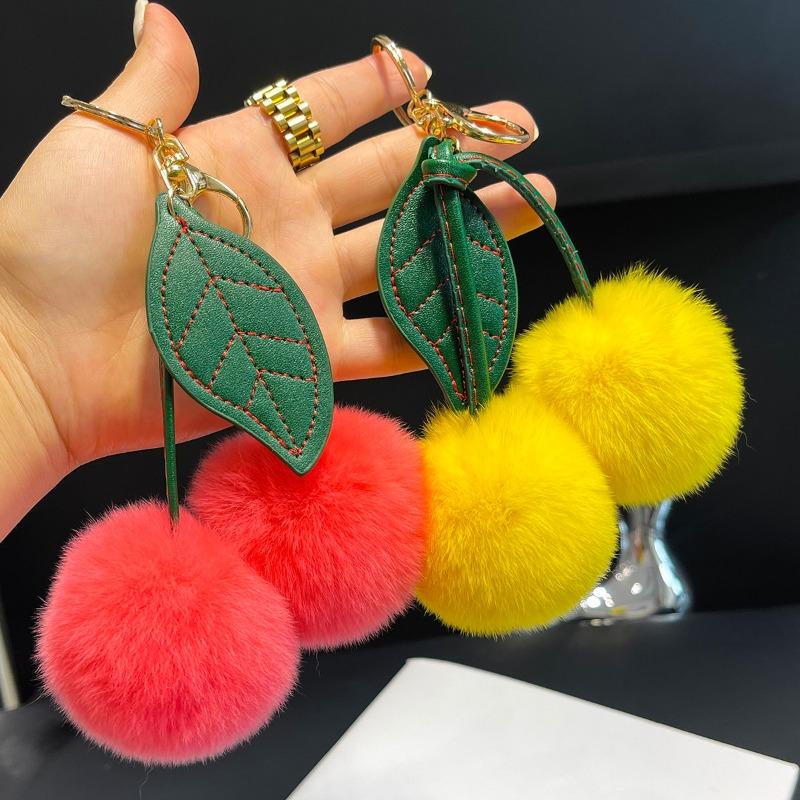 New Red Cherry Pendant Keychain for Women Cute Real Fur Plush Keychains Bag Decorations Car Key Accessories Charm Keyring Gift