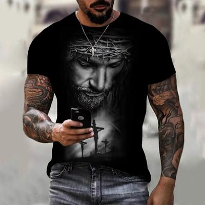 Camiseta masculina Jesus com gola redonda e estampa animal, macia, confortável, leve elasticidade, manga curta, ajuste regular para pijamas de uso diário