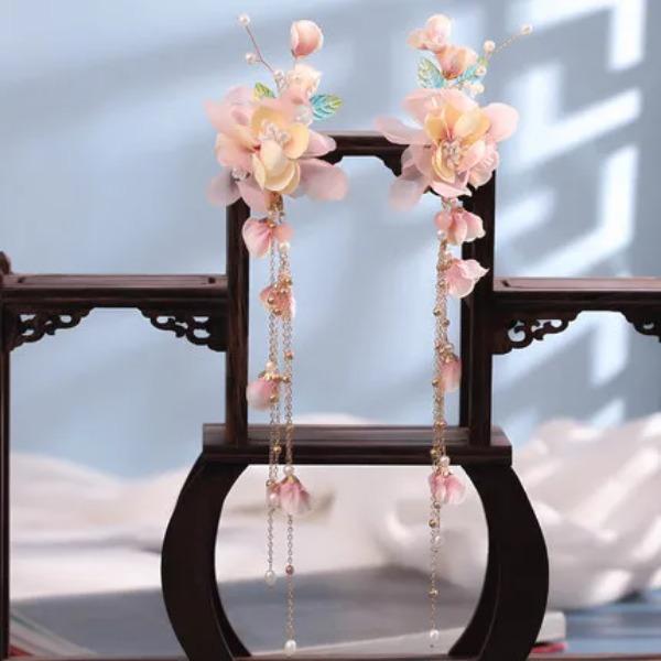 FORSEVEN Chinesisches Haaraccessoires Damen Blume Perlen Haarnadeln Lange Quaste Kopfschmuck Stäbe Haarkamm Brautschmucksets