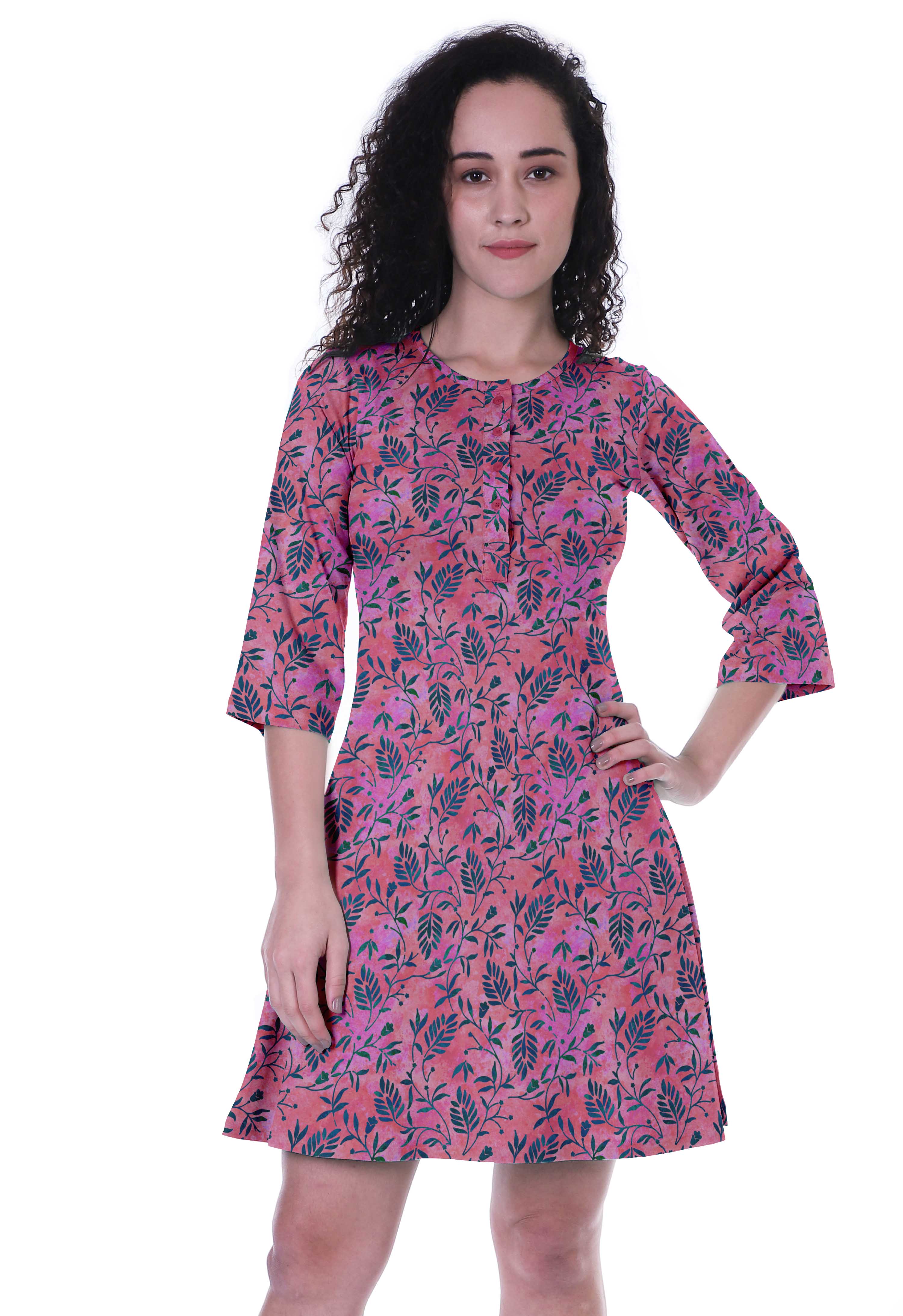 

Moomaya Women s Printed Round Neck Flare Dress W Buttons Short Casual XS рожевий