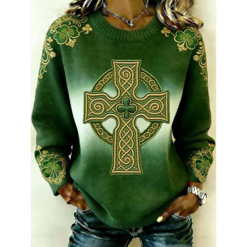 2026 Womens Oversized Knit-Style Crewneck Sweatshirt With 3D Clover Print Thick Warm Streetwear Top