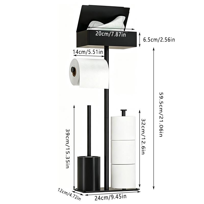 Floor-Standing Bathroom Tissue and Brush Holder with Vertical Storage Rack