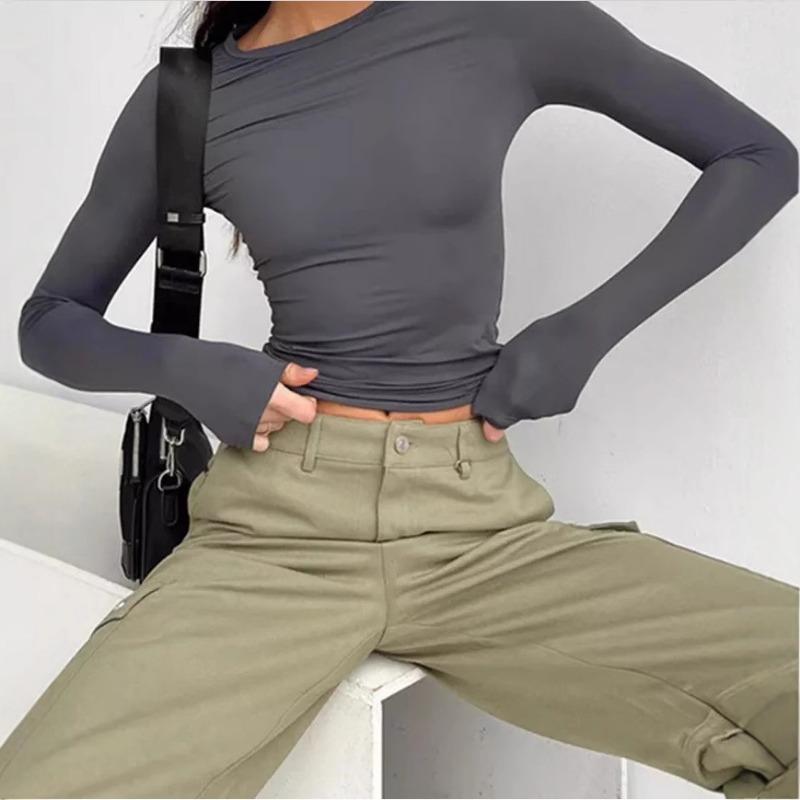 Women's Casual Long Sleeve T-Shirt Spring and Autumn Solid Color Slim Fit Pullover Bottoming Shirt Top