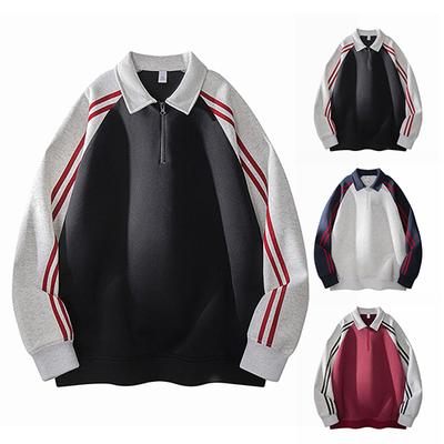 Men's American Retro Striped Color-blocked Stand-up Collar Hoodie , Loose Couple's Versatile Casual Zipper Pullover Top