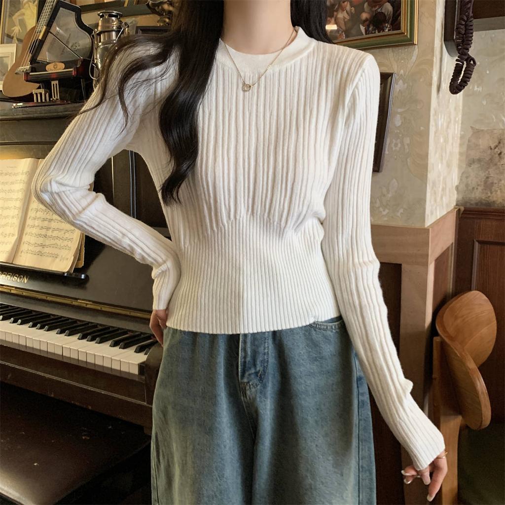 Autumn and winter texture short knitted sweater women's soft waxy shoulder with long-sleeved top retro bottoming sweater