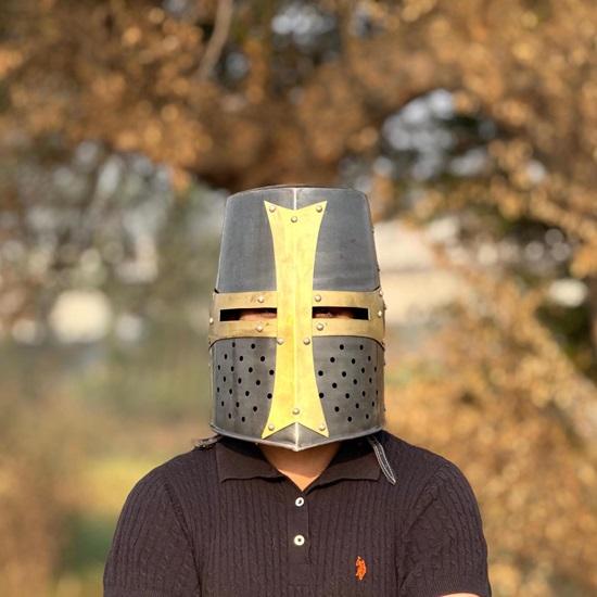 Templar Grey Crusader Knight Helmet Medieval Great Helm, Larp Cosplay, Handmade Steel, Brass Collectible Gift