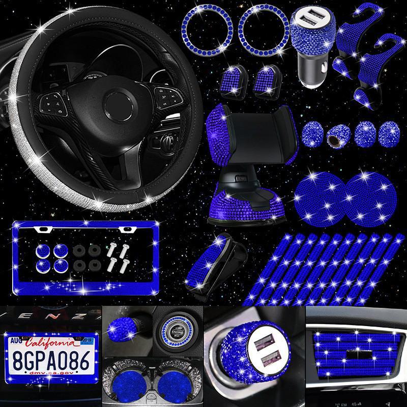 Diamond-studded Car Interior Accessory Set: Handbrake, Gear Cover, License Plate, Steering Wheel, Shoulder Cover, Hook