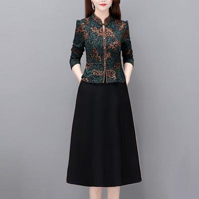 Robe Style Chinois Automne Nouveau Style Occidental Réduisant l'Âge Cintrant la Taille Couvrant Deux Pièces