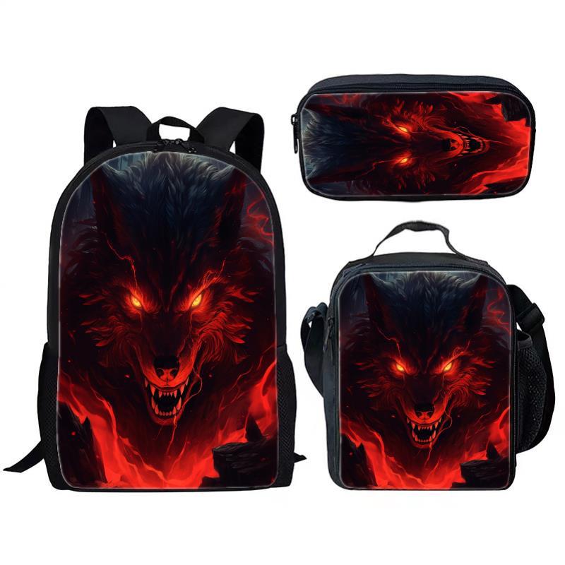 Animal Wolf Three Piece Set for Children and Elementary School Students, Large Capacity Backpack, Meal Pack, Pen Bag
