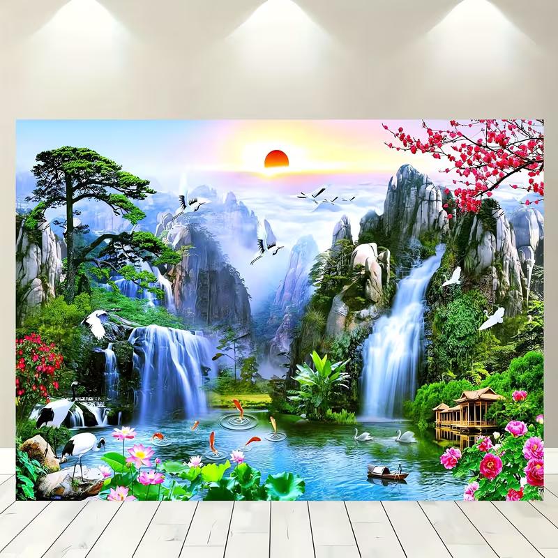 Chinese Feng Shui Waterfall Mountain Backdrop, Lucky Koi & Pine Tree Photography Background