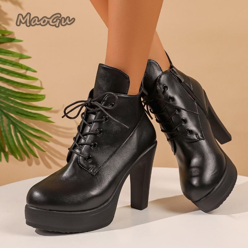 Leather Black Side Zip Women's High Heel Short Boots Lace-up Platform Shoes for Women Comfortable Autumn Winter  De Mujer