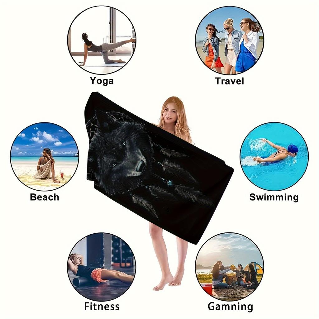 Fierce Wolf Art Beach Towel, Retro Fantasy Theme Quick-Dry Sand-Free Microfiber Bath Towel for Home, Bathroom and Outdoor Travel