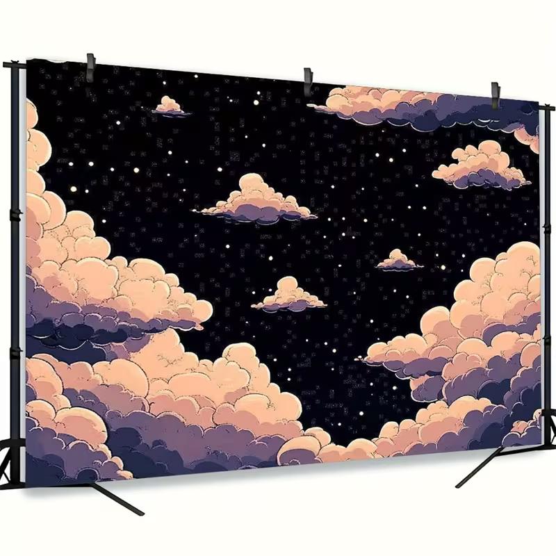 2D Whimsical Starry Sky Clouds Backdrop Anime & Kawaii Aesthetic Photoshoot Background