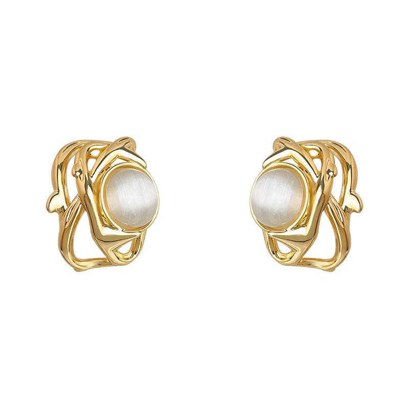 Thorns 18k Gold Geometric Cat's Eye Stone Stud Earrings - Elegant, Luxurious Style for Women