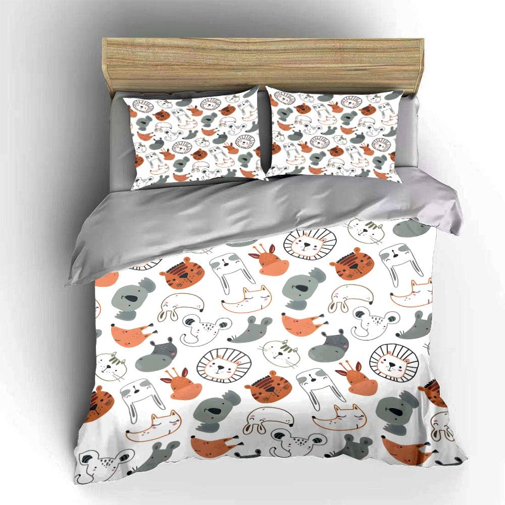 Cute Animal Faces Pattern Bedding Duvet Cover Set (1*Duvet Cover 2*Pillowcases, Without Duvet Insert)
