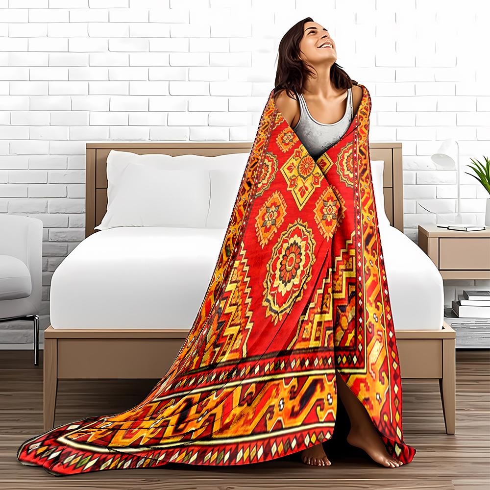 Geometric Patterned Red Blanket with Floral Motifs and Ethnic Design Blanket, Suitable for Use In the Bedroom, Living Room, On the Sofa