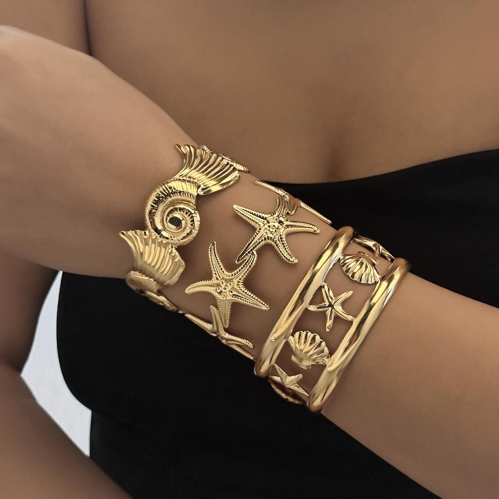 Stainless Steel Vintage Exaggerated Wide Cuff Bangle for Women Gold Color Starfish Shell Geometric Bracelet Beach Party Jewelry