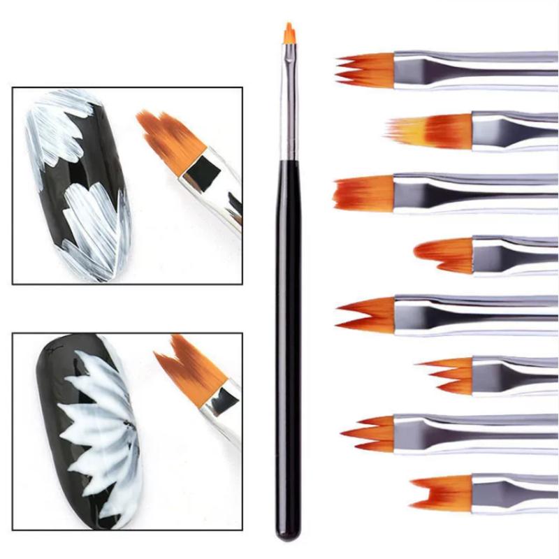 8 Pcs Oblique Gradient Smudge Nail Flower Drawing Sawtooth Pen Multifunctional Mix Shape Petal Painting Gel Nail Art Brush