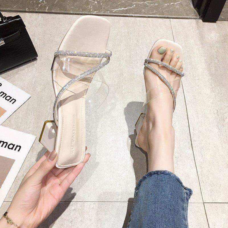 

Крутые шлепанцы на толстом каблуке, новые шлепанцы на высоком каблуке с квадратным каблуком и прозрачные шлепанцы со стразами. 40