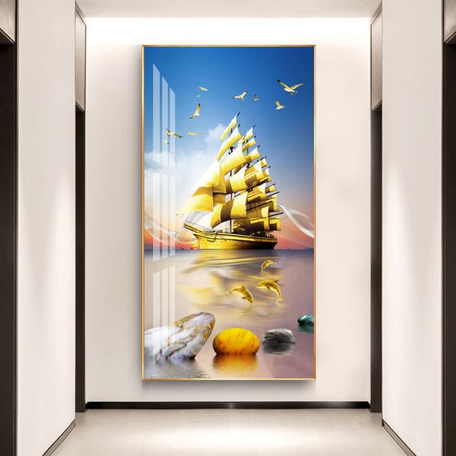 New Chinese Golden Boat Ship Canvas Painting Lucky Stone Zen Posters Landscape Wall Art Pictures for Living Room Porch Decor