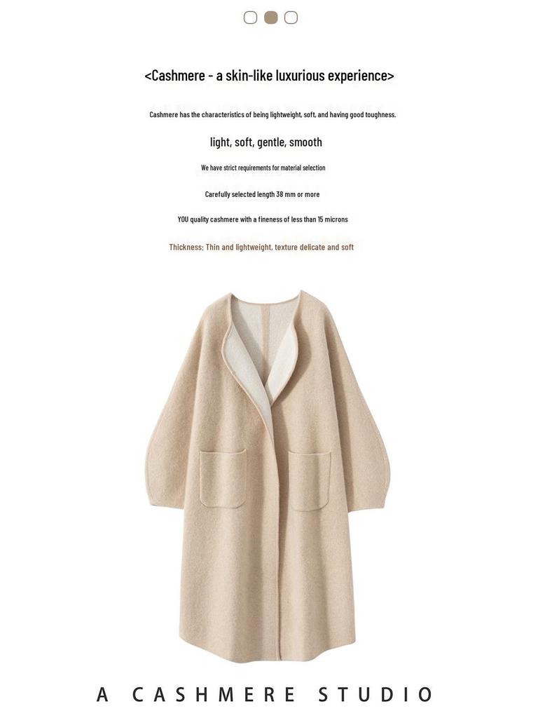 Versatile Cashmere Long Coat: Round Neck, Buttonless, Mid-Length, Stylish and Casual, Long-Sleeved Outerwear for Autumn/Winter.