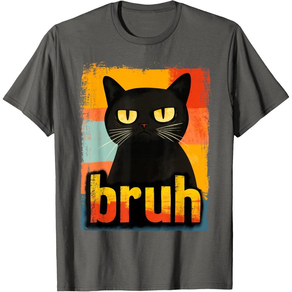 Bruh Grumpy Black Cat Meme Graphic TShirt Funny Retro Style Tee for Unisex Women
