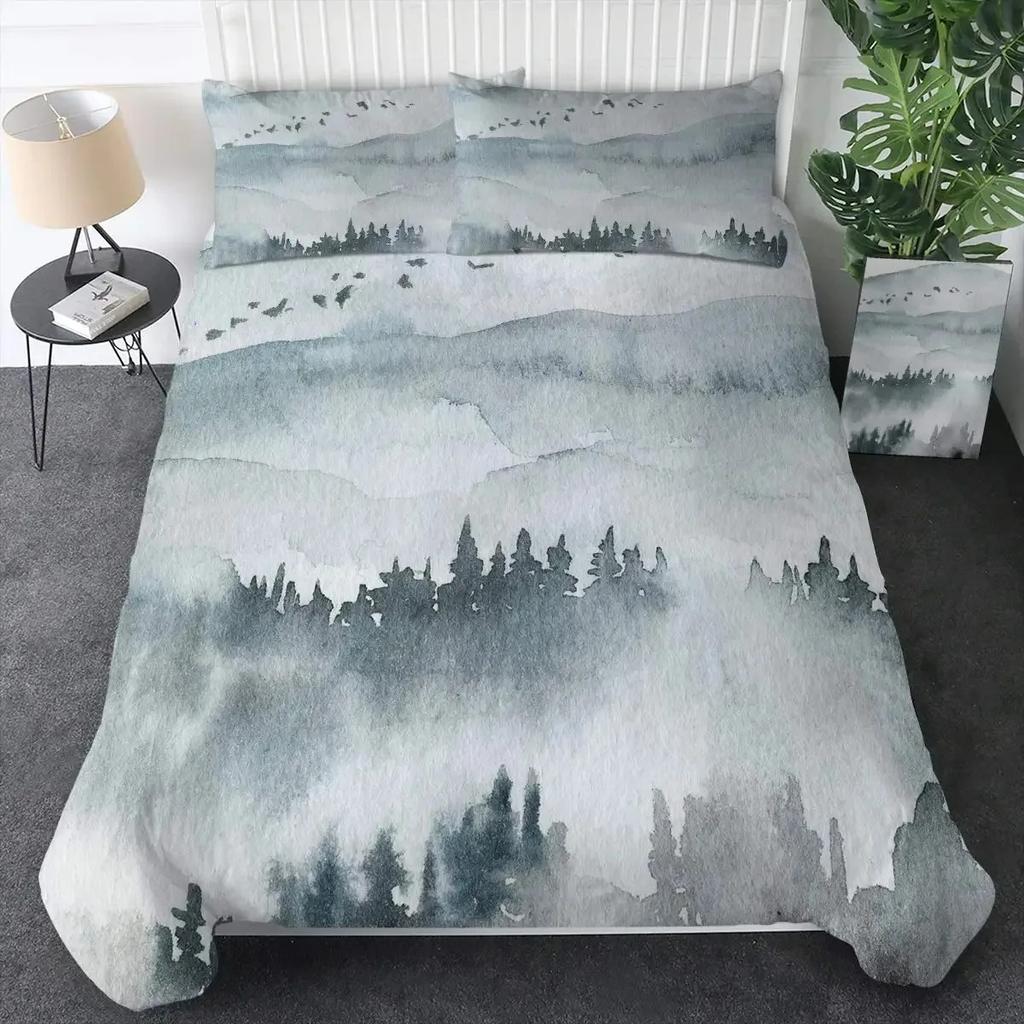 Comforter Smoky Mountain Misty Forest Bedding Set Full Queen Size Grey Trees Natural Scenery Art Comforter