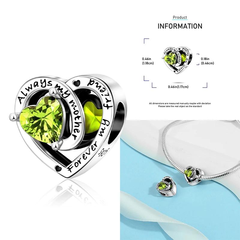 Copper 12 Months Birthstone Heart-Shaped Beads Charms Fit Original Bracelet Charm Beads Necklace Diy Female Jewelry