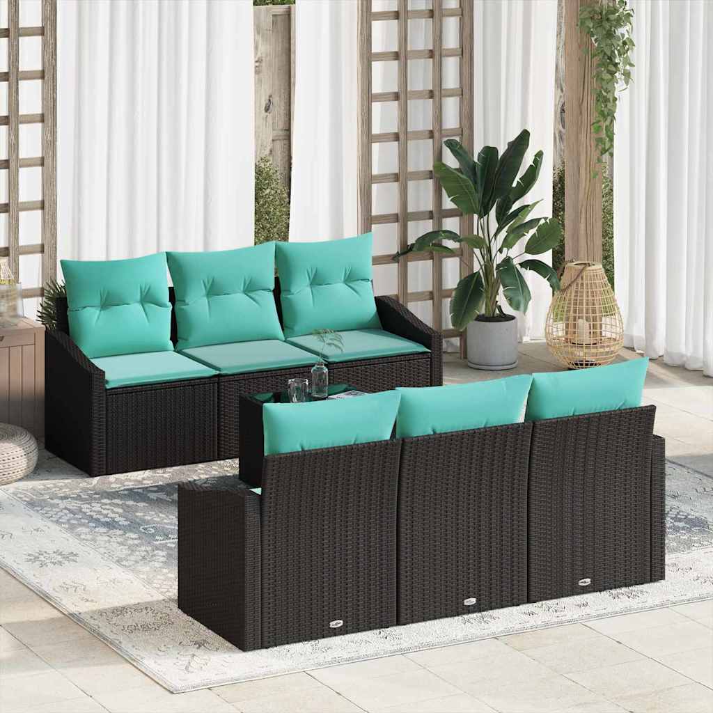 7 Piece Sofa Set with Cushions in Black and Turquoise Poly Rattan