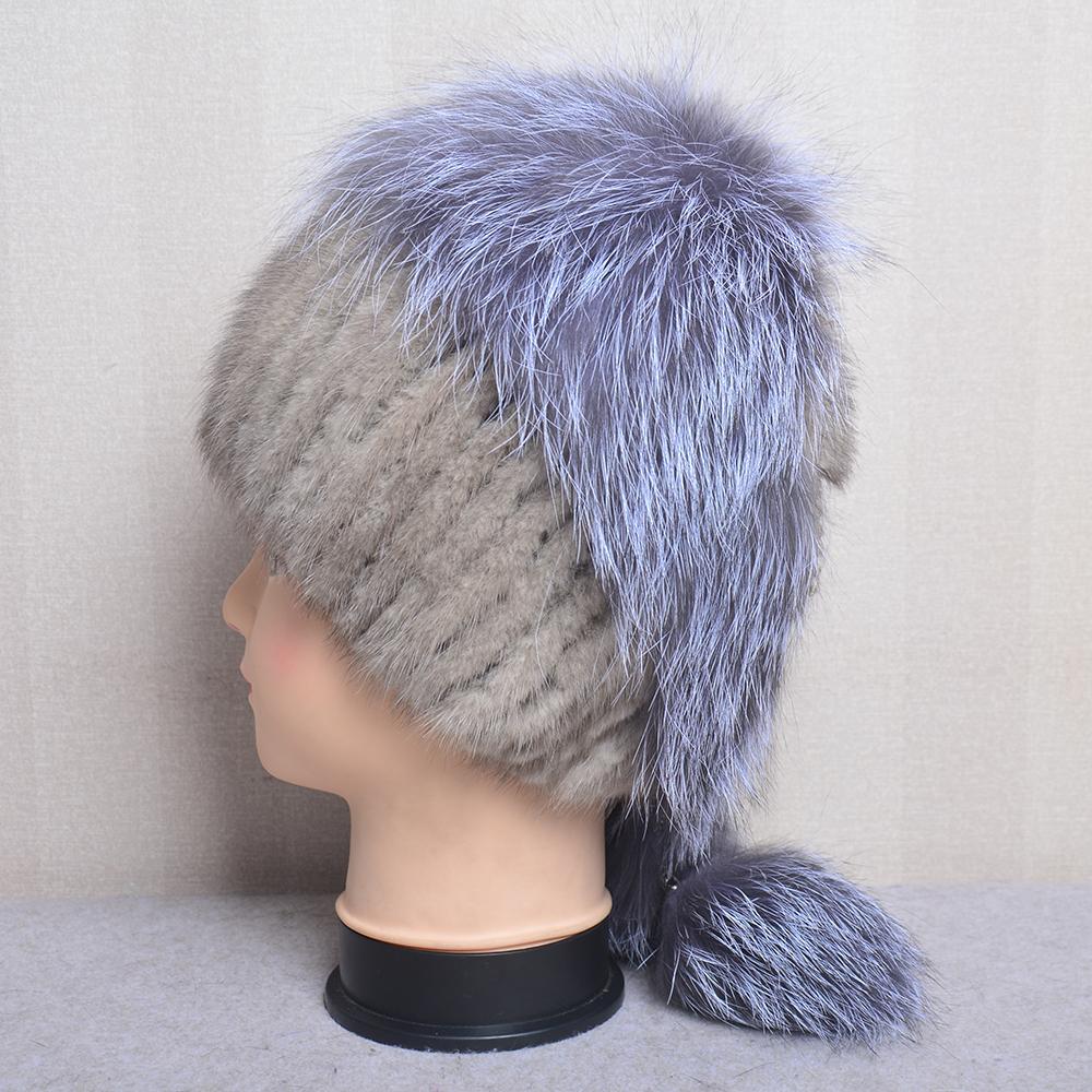 Hot Sale Real Mink Fur Hat For Winter Women Imported Knitted Mink Cap With Fox Fur High Quality Women Warm Real Fur Beanies Hat