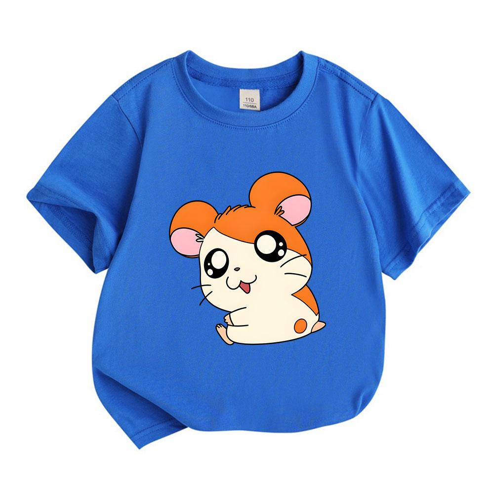Kids Boys Girls 100% Cotton Crew Neck Short Sleeve T-Shirt, Cute Orange White Cartoon Hamster Print Casual Soft Breathable Tee for Children Daily Wear