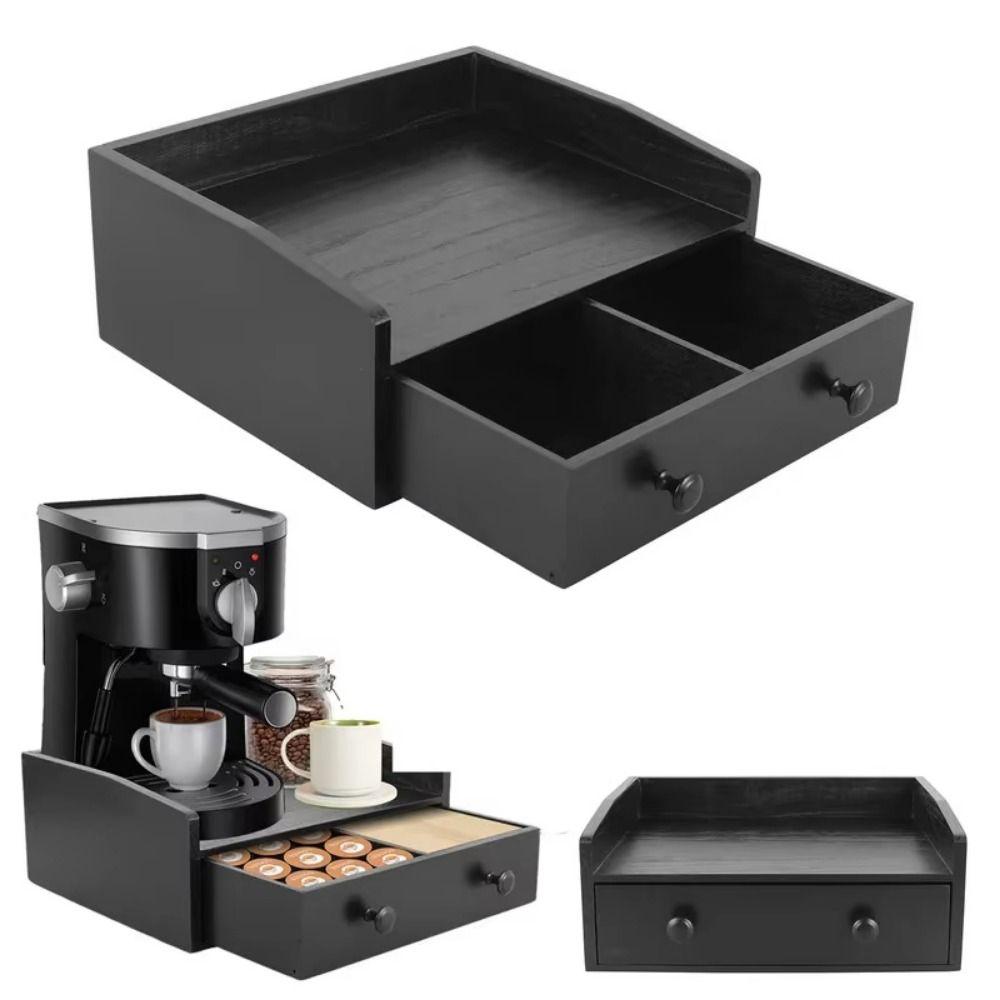 Wood Coffee Machine Base Drawer Space Saver Black Countertop Cabinet Organizer Non-slip Rubber Pads Organizes Compartment