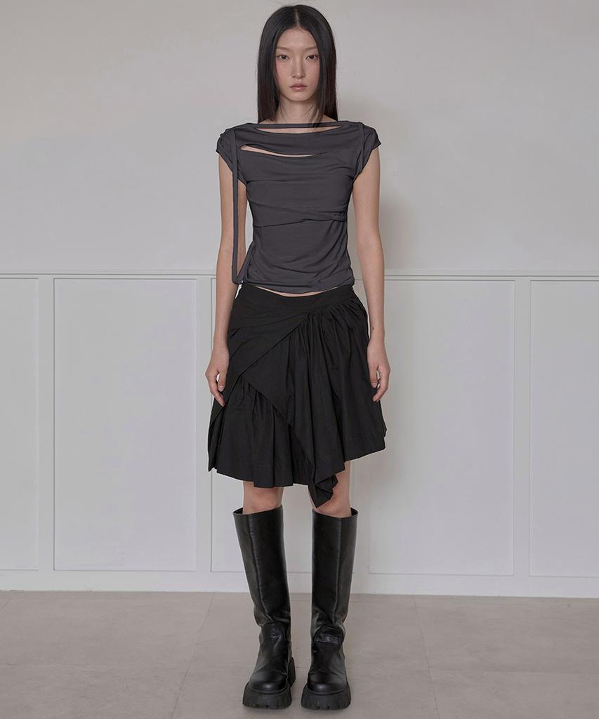 Peulleeoeob Asymmetrical Draped Strap Roll-Up T-Shirt (Fl-170_Charcoal)
