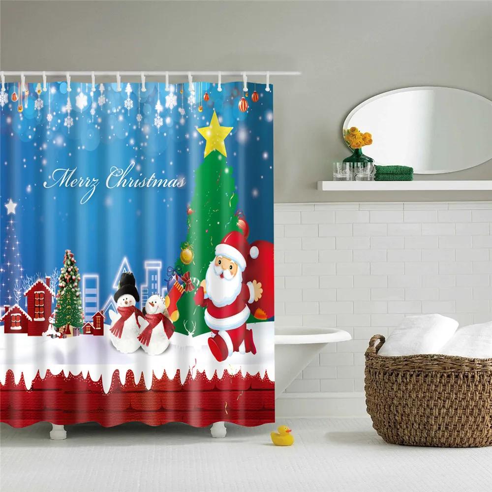 Merry Christmas Shower Curtains New Year Santa Bathroom Decor Bath Curtain Cartoon Snowman Elk Bath Bathroom Curtains