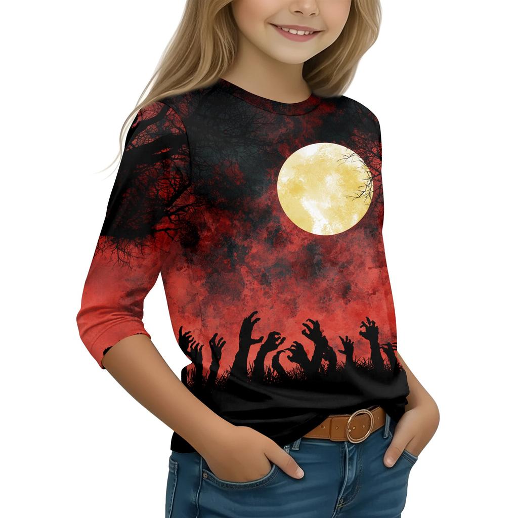 Kids Halloween Printed T-Shirt 3/4 Sleeve Round Neck Casual Top with Pumpkin Witch Design