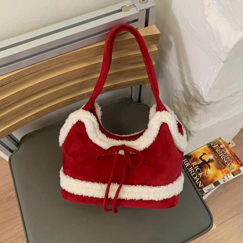 

Vintage Shearling Suede Tote Bag Women Large Capacity Bow Shoulder Bag Autumn Winter Fashi Simple Texture Casual Bucket Bag