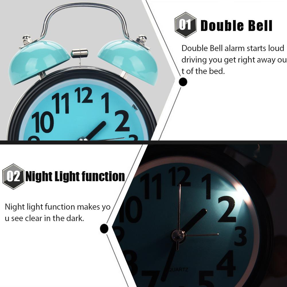 Double Bell Ultra Silent Mechanical Alarm Clock Quartz Movement Desk Table Night Watch(Blue)