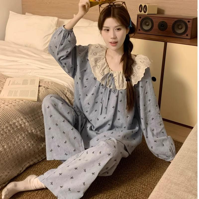 

Women s Cloud Cotton Pajamas with Lace Trim - Sweet Spring/Autumn Home Wear Set XL-2XL