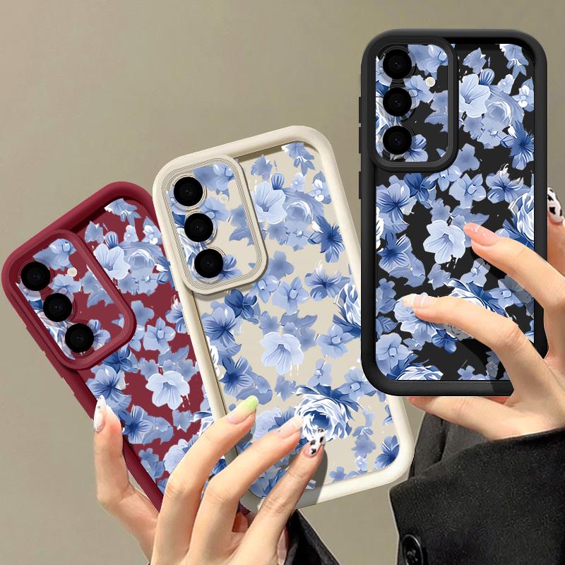 Blue Flower Pattern Soft Phone Case For Samsung Galaxy S26 S25 S24 S23 S22 S21 Ultra S25 Edge S24 S25 FE S22 Plus TPU Back Cover