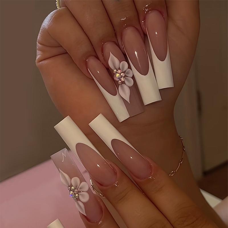 

Popular French Long White Bowknot Rhinestone Nail Art Stickers Glue Type