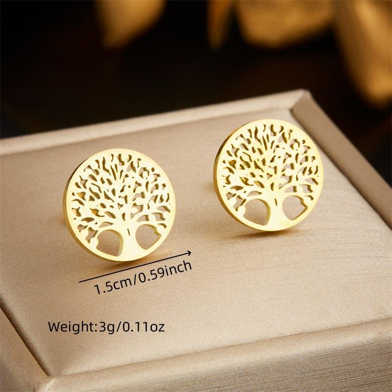 Trendy Minimalist Round Hollow Tree of Life Pendant Earring Necklace Set