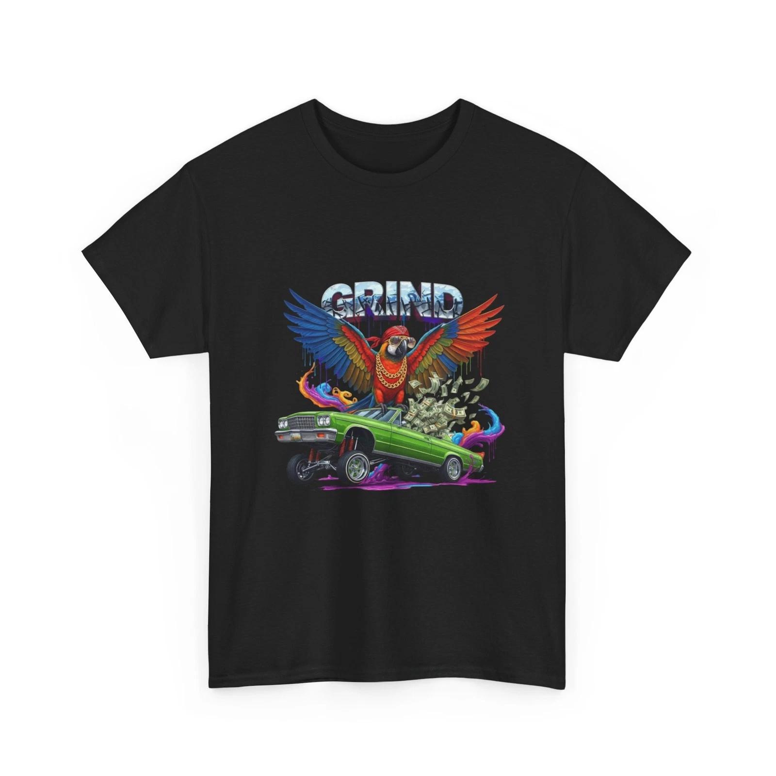 

Grind Parrot Racing Car T-Shirt | Retro Bird Graphic Tee Cool Money T-Shirt Gift 3XL