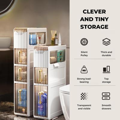 Narrow Bathroom Organizer Auxiliary Storage Cabinet with Wheels Suitable for Narrow Areas Side Cabinet with 4 Drawers for Toilet Paper