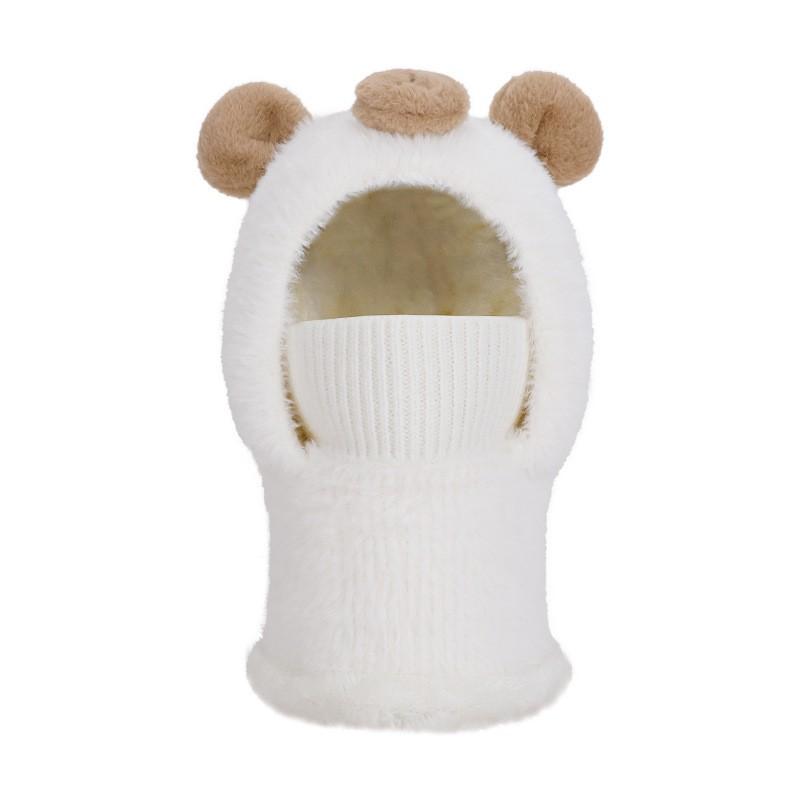 Kids Winter Warm Fleece Knit Hat With Bear Face Mask Neck Warmer One-Piece Hooded Beanie Girls Boys