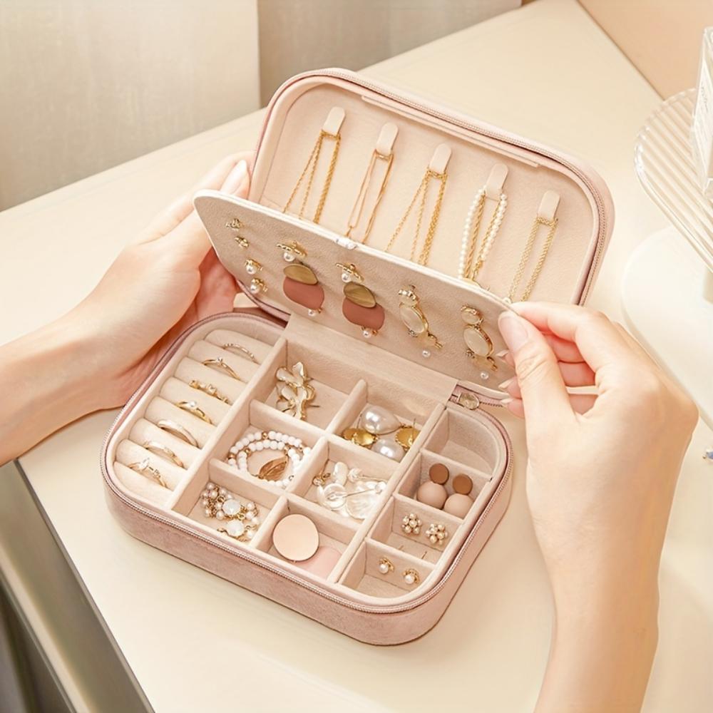 Cutie de bijuterii din catifea cu 3 straturi și fermoar, cutie de depozitare, cârlig pentru colier, poate depozita cercei, coliere, inele, ceasuri, accesorii de păr, potrivită pentru cadouri