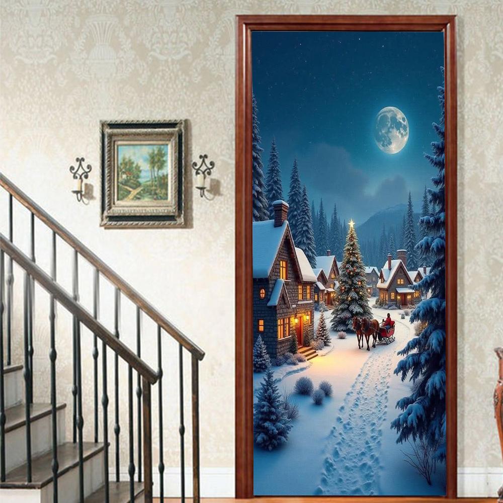 Christmas Santa Claus PVC Self-Adhesive Waterproof Door Sticker Modern Simulation Door Mural Wallpaper Living Room Study Home Decor Art Door Poster