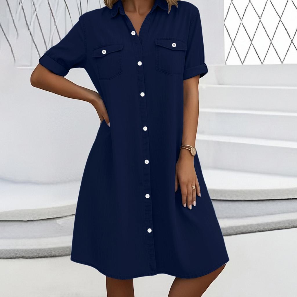 Women’s Button Down Shirt Dress with Short Sleeves Front Pockets Casual Loose Fit Tunic Knee Length