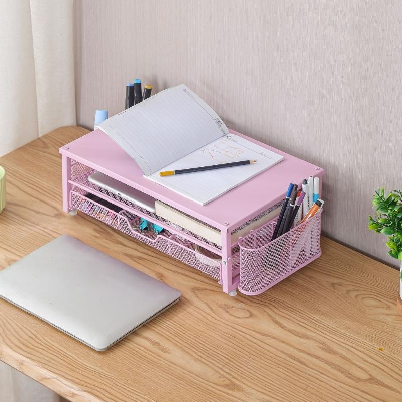 Computer Monitor Stand with Drawer and Side Storage Metal Screen Stand Multifunctional Desk Shelf for Computer Laptop