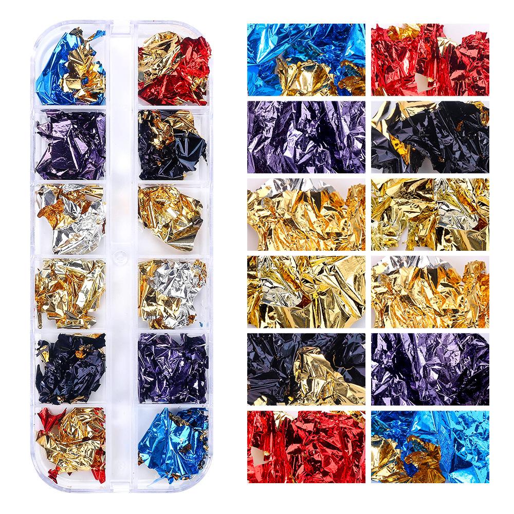 12 Grid Nail Art Gold Foil Paper Japanese Nail Art Highlight Gold And Silver Foil Fragments Box Diy Decorative Tin Foil Nail Sticker